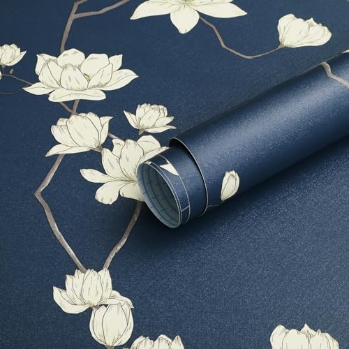 Fiula Blumentapete 44CM*3M Selbstklebende Tapete Blumen Klebefolie Wasserdicht DIY Klebetapete Möbelfolie Vinyl Wandtapete Dekorfolie Tapeten Wohnzimmer Schlafzimmer Marineblau Beige Vintage Wallpaper von Fiula