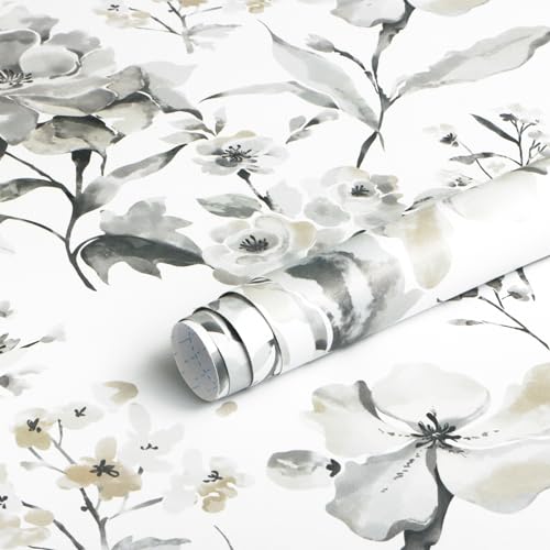 Fiula Blumen Selbstklebende Tapete Grau und Weiß Tapeten Klebefolie 41CMx5M Wandtapete Möbelfolie Wasserdicht Vinyl Klebetapete Wohnzimmer Schlafzimmer Vintage Abnehmbar Florale Tapete von Fiula