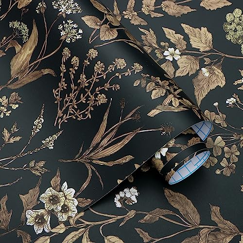 Fiula Blumentapete 44CM*3M Selbstklebende Tapete Blumen Blätter Vinyl Klebefolie Wasserdicht Wandschutzfolie Schlafzimmer Wohnzimmer Möbelfolie Wandtapete Klebetapete Schwarz Gold Dekorfolie Floral von Fiula