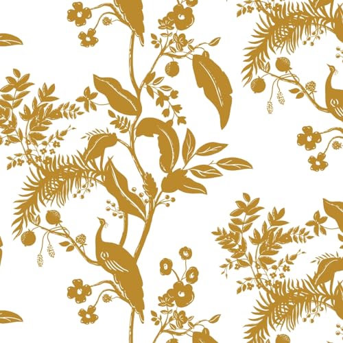 Fiula Selbstklebende Tapete Pfau Blumentapete 44CMx3M Vögel Blätter Muster Tapeten Wandtapete Klebefolie Klebetapete Dekro Wasserdicht Möbelfolie Wohnzimmer Schlafzimmer Vintage Weiß Gold Wallpaper von Fiula