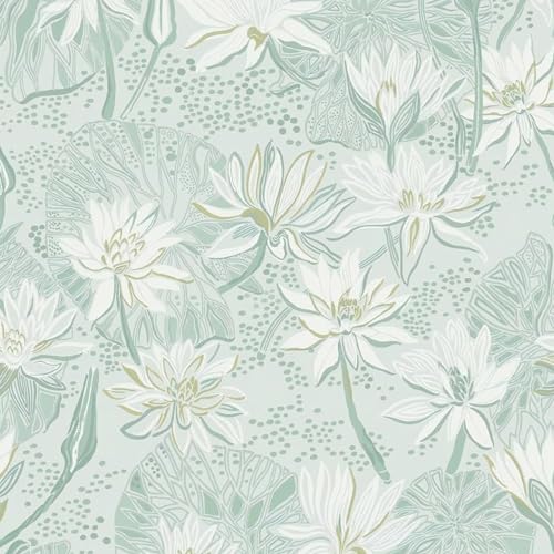 Fiula Blumentapete Selbstklebende Tapete Floral Muster Lotos Tapeten Klebetapete Klebefolie Möbel Wandtapete Vinyl Wasserdicht Wohnzimmer Schlafzimmer Schrank 39.5CMx3M Grün Weiß Wallpaper Vintage von Fiula