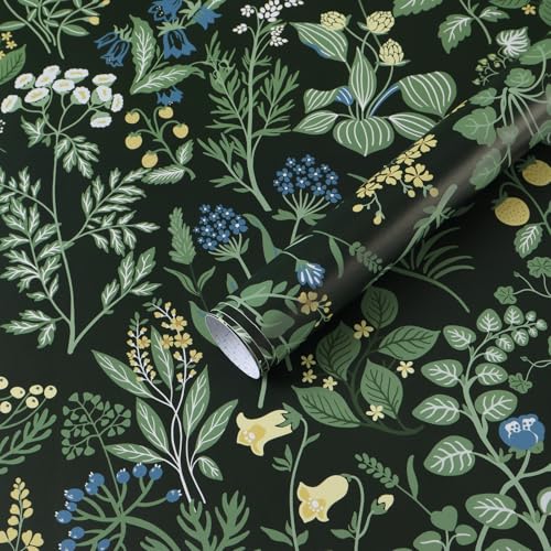 Fiula Selbstklebende Tapete Blumen 44CMx10M Klebefolie Möbel Blumentapete Blätter Dekorfolie Selbstklebend Küche Weiß Klebetapete Muster Tapeten Wassdicht DIY Wohnzimmer Schwarz Grün von Fiula
