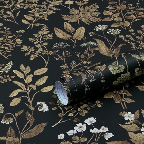 Fiula Selbstklebende Tapete Blumen Gold Schwarz Blumentapete 44CM×15M Klebefolie mit Blätter Blumenmuster Tapeten Klebetapete Abnehmbar Wandtapete für Wohnzimmer Schlafzimmer Möbelfolie Dekorfolie von Fiula