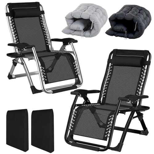 Fiutazge 2Pcs 77cm ExtraBreit Sonnenliege Liegestuhl Klappbar mit Kissen,Abnehmbarem Kopfteil,GeträNkehalter,Liegestuhl Abdeckung,Gartenliege für Patio,Garten,Strand-Grau,Anthrazit+Schwarz von Fiutazge