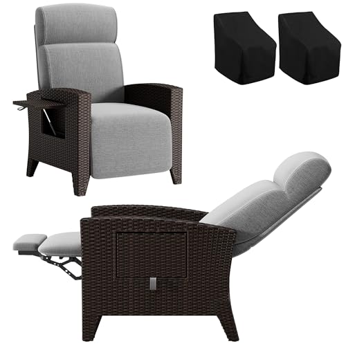 Fiutazge 2 Stück Relaxliege Gartensessel mit Liegefunktion,Sonnenliege Rattan Verstellbare Rückenlehne,Gartenmöbel Abdeckung,Liegesessel für Innen, Außeneinsatz-Rattan Schwarz und Grau Sitzkissen von Fiutazge