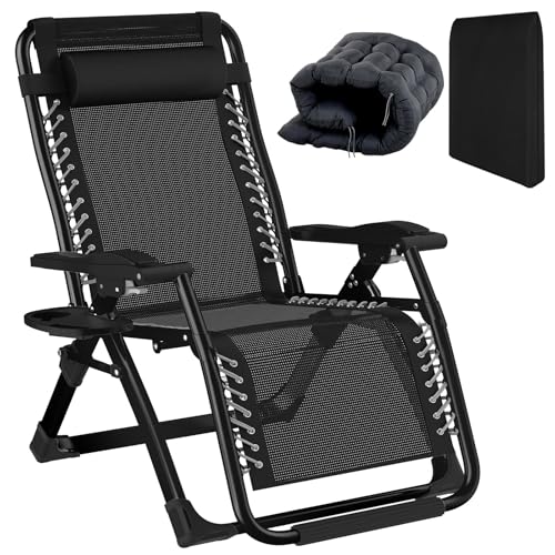 Fiutazge 77cm Extra Breit Sonnenliege,Gartenliege Klappbar Mit Verstellbare Rückenlehne,Gepolstert,Abnehmbarem Kopfteil,GeträNkehalter,Liegestuhl Abdeckung,FüR Patio-Garten-Strand-Pool-Schwarz von Fiutazge