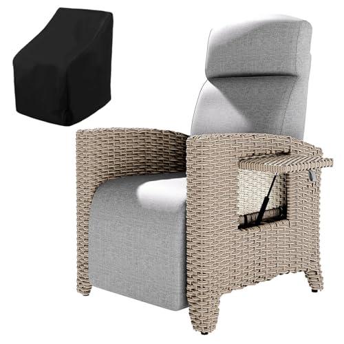 Fiutazge Relaxliege Verstellbare Rückenlehne Relaxsessel mit liegefunktion Liegesessel Rattanliege mit Abdeckung für Garten,Terrasse und Balkon-Braun Rattan und Grau Sitzkissen,TischLeft von Fiutazge