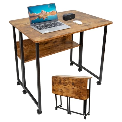 Fiutazge Schreibtisch klappbar, klappschreibtisch mit Rollen, Kleiner Klappbarer Computertisch mit Regal, Beistelltisch, Klapptisch für Home Office, Industrie-Design Dunkelbraun 80 x 58 x 75 cm von Fiutazge