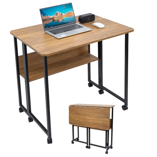 Fiutazge Schreibtisch klappbar,klapptisch mit Rollen und Regal, klappschreibtisch aus MDF Holzwerkstoffen und Stahlrahmen,Computertisch für Zuhause, Büro,Picknick,Garten,Braun 80 x 58 x 75cm von Fiutazge