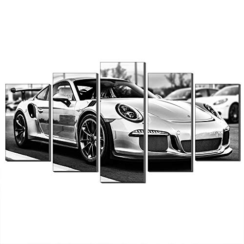 Annick Goutal Porsche 911 GT3 RS Sportwagen Leinwand Ölgemälde Wandkunst 5 Panels Schwarz-Weiß-Thema Bild Leinwand Kunstwerk Für Wohnkultur (Mit Rahmen,50 x 100 cm) von Annick Goutal