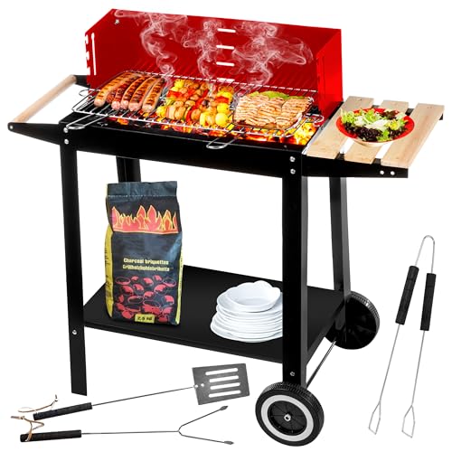 Five-Star Grill&Chill Holzkohlegrill – Verchromter Doppelrost 50 × 26,5 cm höhenverstellbar – Für Garten, Balkon & Camping – Mobiler Standgrill mit Rädern, emaillierte Feuerschale von Five-Star Grill&Chill