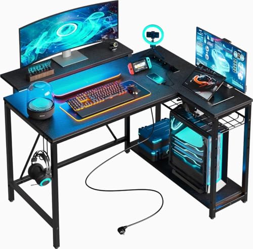 Five Stars® L-förmiger Gaming Schreibtisch - Computertisch - 107x80x76 cm - Gaming-Schreibtisch mit LED-Beleuchtung - Eckschreibtisch - Schwarz Carbon von Five Stars