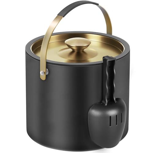 3.2L Eiswürfelbehälter mit Deckel und Schaufel, Edelstahl Eiskübel Doppelwandiger Isolierter Eisbehälter für Cocktailbar und Partys (Schwarz) von FiveHome