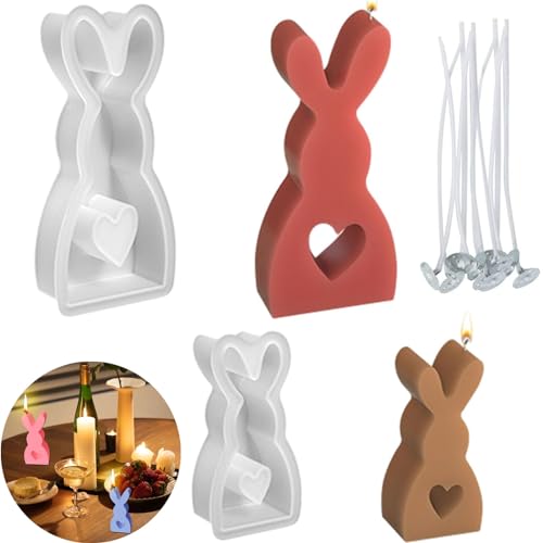 2 Stück Ostern Kaninchen Silikonform, 3D Kaninchen Gießform Ostern, DIY Hasenform for Gips, mit 10 Dochten, zur Herstellung von Kerzen, Süßigkeiten, Seife, Pudding von FiveMileBro