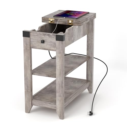 FiveWillowise Beistelltisch Schmal, Sofatisch klein, Couchtisch mit Ablage, 1 Schubladen, Nachttisch mit Ladefunktion, Zeitschriftenhalter, Nachtschrank für Wohnzimmer, Schlafzimmer, Grau von FiveWillowise