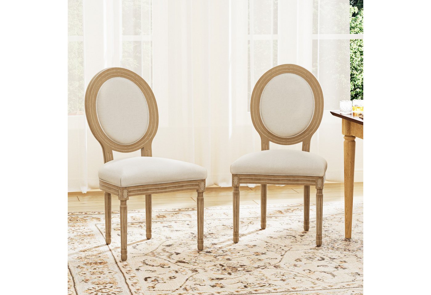 FiveWillowise Esszimmerstuhl Retro-Polsterstühle 2er-Set, Küchenstühle mit ovaler Rückenlehne (2 St), Leinenoptik und Massivholz, für Esszimmer, Wohnzimmer von FiveWillowise