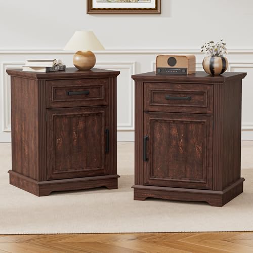FiveWillowise Nachttisch 2er Set, Moderner Bauernhausstil Holz Nachttische, Nachtkästchen mit Schublade und Magnetisch geschlossene Tür, für Schlafzimmer, Wohnzimmer, Lesezimmer, Retro Braun FiveWillowise Nachttisch 2er Set, Moderner Bauernhausstil Holz Nachttische, Nachtkästchen mit Schublade und Magnetisch geschlossene Tür, für Schlafzimmer, Wohnzimmer, Lesezimmer, Retro Braun von FiveWillowise