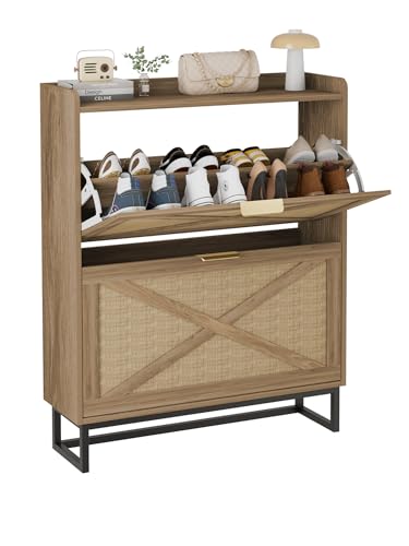 FiveWillowise Rattan Schuhschrank mit 2 Klappen, Schuhregal für Flur, schmaler Schuhkipper mit 4 Ablageflächen Schuhkommode mit Metallfüßen, Schuhaufbewahrung Holz Wand, 80x23,8x101,7 cm, Braun FiveWillowise Rattan Schuhschrank mit 2 Klappen, Schuhregal für Flur, schmaler Schuhkipper mit 4 Ablageflächen Schuhkommode mit Metallfüßen, Schuhaufbewahrung Holz Wand, 80x23,8x101,7 cm, Braun von FiveWillowise