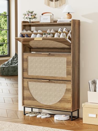 FiveWillowise Rattan Schuhschrank mit 3 Klappen, Freistehender Schuhkipper Schmaler mit Ablageflächen und Metallbeinen, Schuhaufbewahrung Holz Schuhkommode für Eingang, Flur, Foyer, 80x24x135,4 cm FiveWillowise Rattan Schuhschrank mit 3 Klappen, Freistehender Schuhkipper Schmaler mit Ablageflächen und Metallbeinen, Schuhaufbewahrung Holz Schuhkommode für Eingang, Flur, Foyer, 80x24x135,4 cm von FiveWillowise