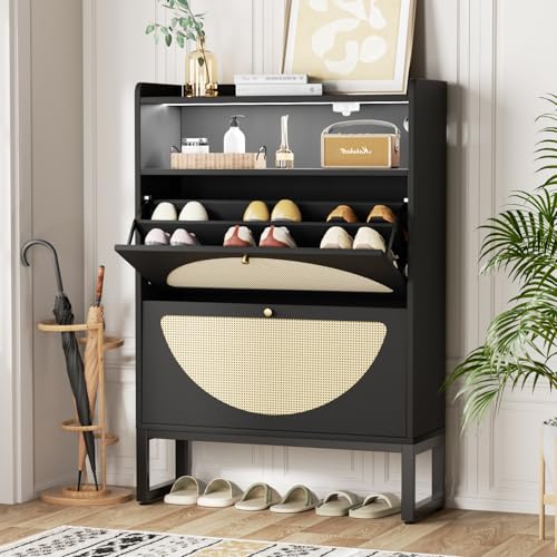 FiveWillowise Schuhschrank Rattan Schuhschrank mit 2 Klappschubladen & Sensorleuchte für Eingangsbereich, schmal, freistehend, Schuhregale für Eingang, Flur, Schwarz FiveWillowise Schuhschrank Rattan Schuhschrank mit 2 Klappschubladen & Sensorleuchte für Eingangsbereich, schmal, freistehend, Schuhregale für Eingang, Flur, Schwarz von FiveWillowise