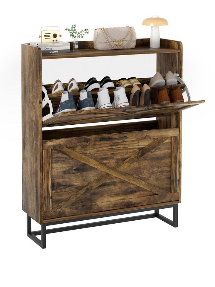 FiveWillowise Schuhschrank mit 2 Klappen, 4 Ablageflächen, Schuhkommode Holz Wand 80x23,7x101,7 cm, Braun, schmaler Schuhkipper von FiveWillowise