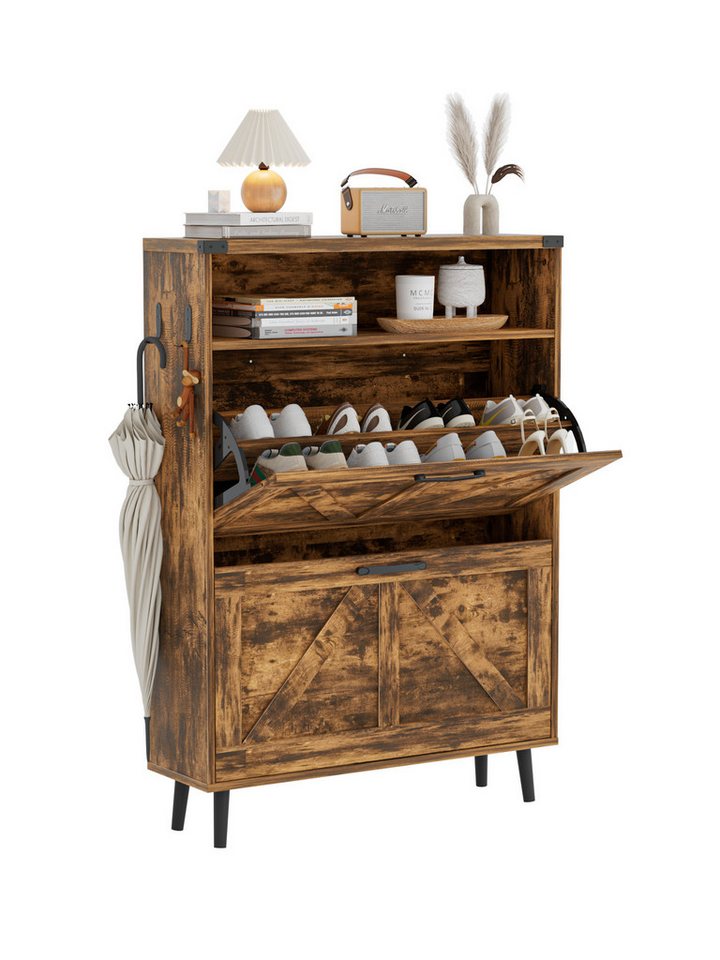 FiveWillowise Schuhschrank mit 2 Klappen, 4 Ablageflächen Schuhkommode mit offenem Stauraum Schuhaufbewahrung Holz Wand, 80x24x113,5 cm, Braun von FiveWillowise