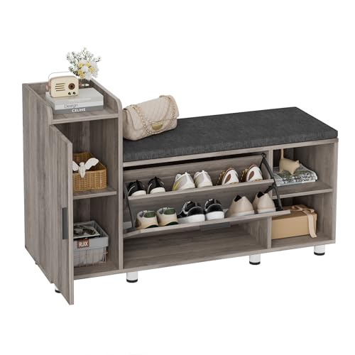 FiveWillowise Schuhschrank mit Sitzbank, Schuhbank mit Sitzfläche, mit Stauraum, 8 verstellbare Metallfüße, 3 Stauraumtüren, Schuhregal für Flu, Schuhkipper mit Klappen, B102/T34/H67 cm, Grau FiveWillowise Schuhschrank mit Sitzbank, Schuhbank mit Sitzfläche, mit Stauraum, 8 verstellbare Metallfüße, 3 Stauraumtüren, Schuhregal für Flu, Schuhkipper mit Klappen, B102/T34/H67 cm, Grau von FiveWillowise