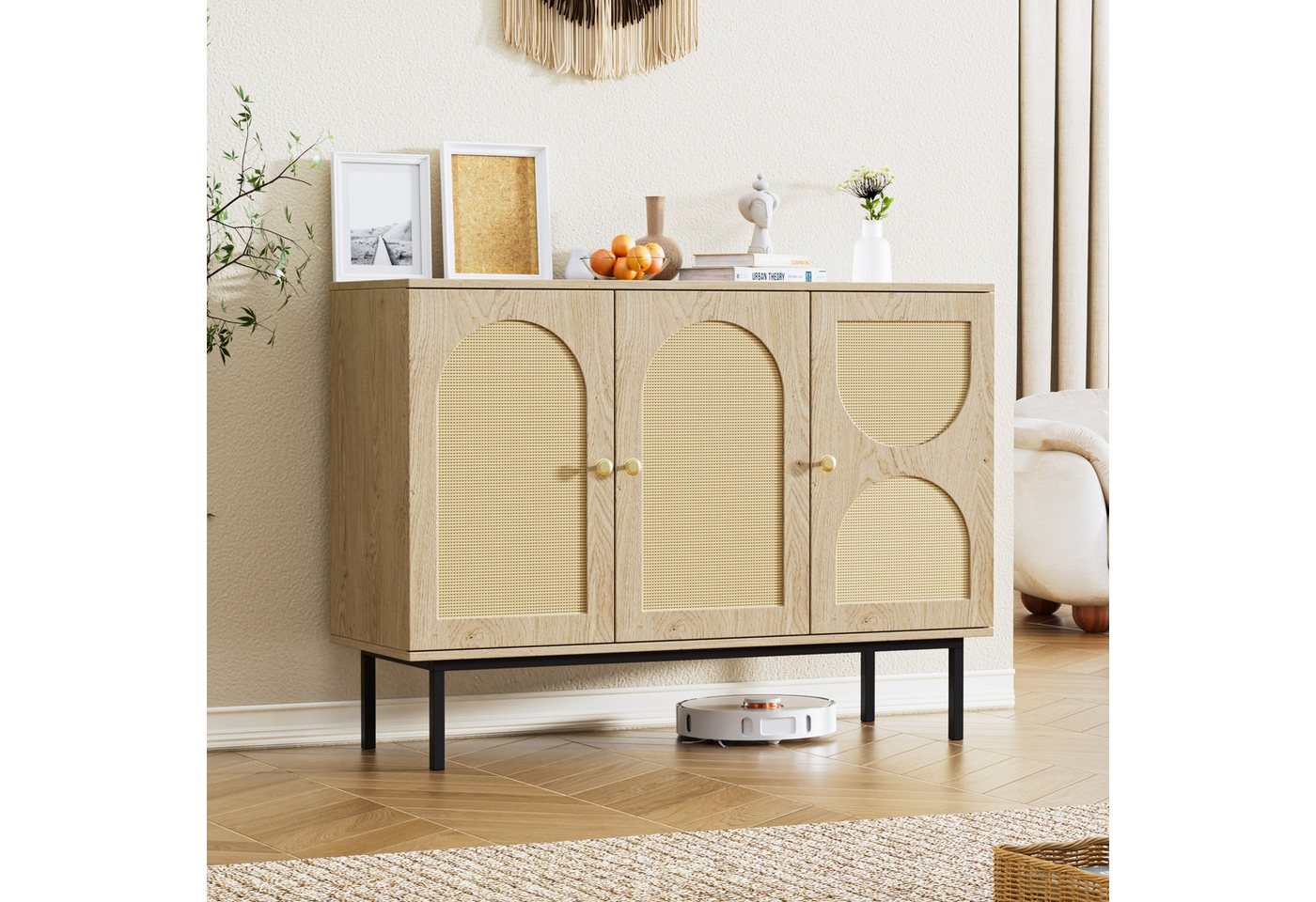 FiveWillowise Sideboard Rattan Anrichte Sideboard, Küchenschrank & Buffetschrank mit 3 Türen (1 St), Kommode mit Verstellbaren Ablagen – Aufbewahrungsschrank von FiveWillowise