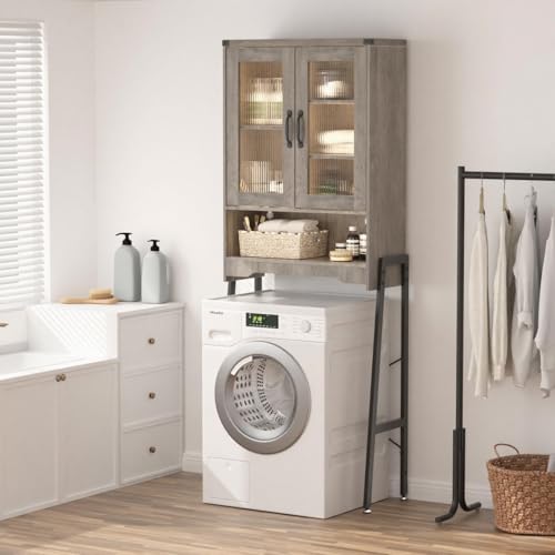 FiveWillowise waschmaschinenschrank mit Gehärteten Glastüren, 5 verstellbare Räume, mit Metallständer, für Badezimmer und Waschküche, Platzsparendes Hilfsmittel über der Toilette, Graues Glas von FiveWillowise