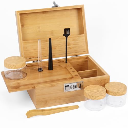 Fivebop Bambus Aufbewahrungsbox Tablett Set, Holz Home Dekorative Box mit Zahlenschloss, Abnehmbares Tablett, 3 Gläser, Alles Zubehör (Bambus, Minimalistisch) von Fivebop