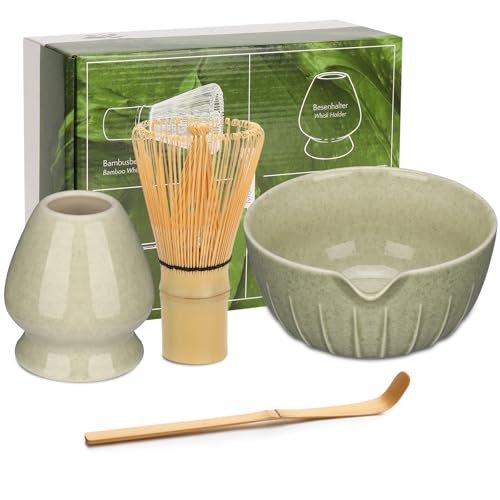 Fivebop Matcha-Schneebesen-Set – Matcha-Schüssel und Bambus-Matcha-Schneebesen, Schaufel, Löffel, Sieb, Schneebesenhalter, 6-teiliges perfektes Matcha-Starter-Set für Matcha-Tee-Zeremonie (D-Grün) von Fivebop