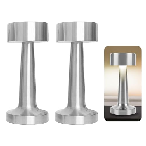 Fivtsme Touch Lampe Kabellos, 2PCS LED Tischlampe Kabellos, Tischleuchte Silber mit BerüHrungssensor, 3 Lichtmodus Dimmbare Led Tischleuchte Metall, Tragbare LED Nachtlampe für Schlafzimmer, Esszimmer von Fivtsme