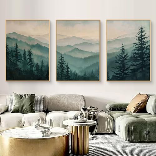 3er Poster Set, Moderne Aquarell Grün Berge Wald Landschaft Bilder Poster & Kunstdrucke Leinwandbilder Wandposter, Wandbilder Wanddeko für Wohnzimmer & Schlafzimmer, Ohne Rahmen (50x70cm,ABC) von Fiwzzdur