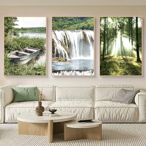 3er Premium Poster Set, Frühling Grüne Landschaft Bilder Poster & Kunstdrucke, Moderne Wasserfälle Wälder Boote Blumen Wandbilder, Bilder Wohnzimmer Deko Schlafzimmer, Ohne Rahmen (50x70cm,ABC) von Fiwzzdur