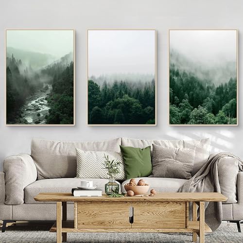 Fiwzzdur 3er Poster Set, Moderne Grün Wald Berge Nebel Natur Landschaft Bilder Poster & Kunstdrucke, Poster Wandbilder Wanddeko für Wohnzimmer & Schlafzimmer, ohne Rahmen (50x70cm,ABC) von Fiwzzdur