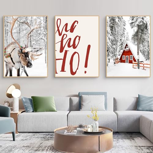 Fiwzzdur 3er Premium Poster Set, Weihnachten Bilder, Moderne Winter Wandbilder Poster & Kunstdrucke Schnee, Rentier, Rotes Holzhaus, OHNE Rahmen, Wanddeko Wohnzimmer & Schlafzimmer (DEF,40x50cm) von Fiwzzdur