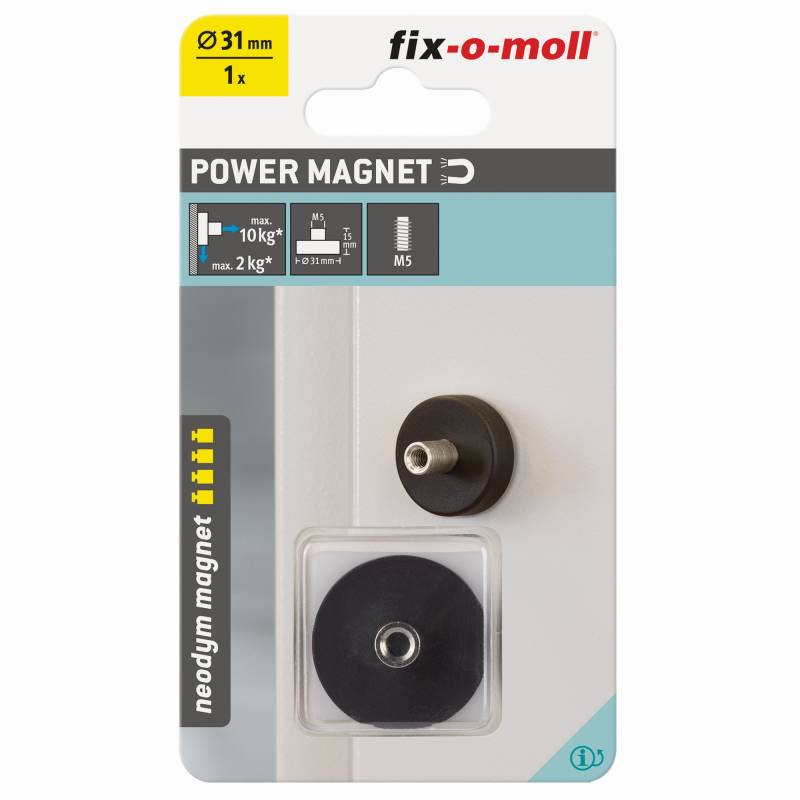 Fix-o-moll Topfmagnet 'Neodym' schwarz gummiert M5 Gewindebuchse Ø 31 x 15 mm von Fix-o-moll