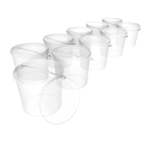 10 Eimer mit Deckel 10l Transparent Rund | Kunststoff Eimer Lebensmittelecht, luftdicht und stabil | Leer Eimer mit Griff und Deckel für Lebensmittel Chemie Waschpulver Klebstoffe geeignet von FixedByU