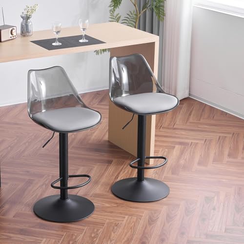 Fiximaster Barhocker Transparent 2er Set, Höhenverstellbare Tresenhocker mit Rückenlehne & Fußstütze, Drehbare Barstühle 360° gepolstert, Moderne Küchenhocker für Esszimmer, Theke & Bar (Grau) von Fiximaster