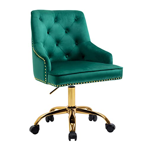 Fiximaster Bürostuhl aus Samt, Drehbarer Schreibtischstuhl mit Rollen, Höhenverstellbarer Schminkstuhl mit goldenen Beinen, Modern für Büro, Schlafzimmer oder Schminktisch, Belastbar bis 135 kg (Grün) von Fiximaster
