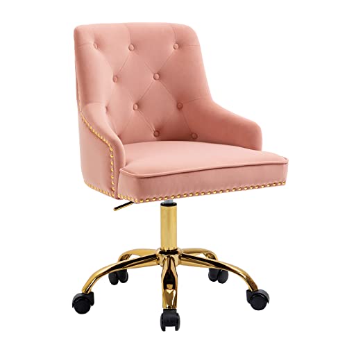 Fiximaster Bürostuhl aus Samt, Drehbarer Schreibtischstuhl mit Rollen, Höhenverstellbarer Schminkstuhl mit goldenen Beinen, Modern für Büro, Schlafzimmer oder Schminktisch, Belastbar bis 135 kg (Rosa) von Fiximaster