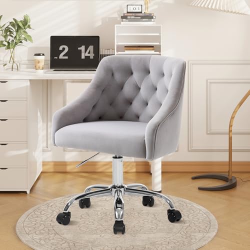 Fiximaster Homeoffice Bürostuhl aus Samt, ergonomischer Schreibtischstuhl höhenverstellbar, Drehstuhl mit Rollen & Metall Beinen, moderner Schminktischstuhl für Arbeitszimmer (Grau) von Fiximaster