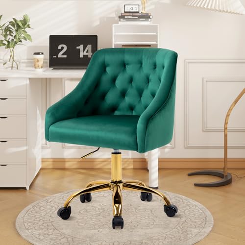 Fiximaster Homeoffice Bürostuhl aus Samt, ergonomischer Schreibtischstuhl höhenverstellbar, Drehstuhl mit Rollen & goldenen Beinen, moderner Schminktischstuhl für Arbeitszimmer (Grün) von Fiximaster