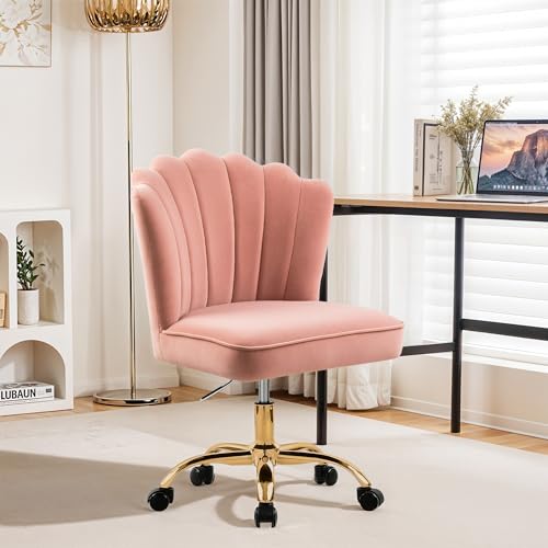 Fiximaster Homeoffice Stuhl, Schreibtischstuhl, Drehstuhl, Höhenverstellbar, Bürostuhl Samt, Gold Stuhlbeine für Arbeitszimmer, Schlafzimmer, bis 135 kg belastbar (Rosa) von Fiximaster