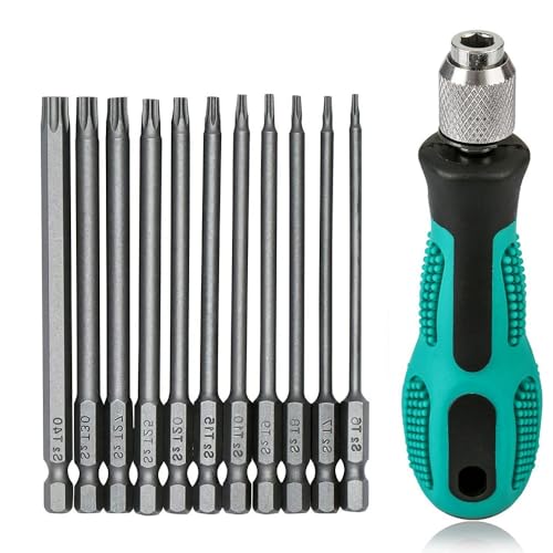 12 Stück Torx Schraubendreher Set T6-T40, 1/4" Magnetischer Torx Set mit Loch S2 Stahl Sechskant Elektrische Schraubendreher Bit Satz für Akkuschrauber T20 T25 Schraubendrehersatz, 100mm Länge von Fixinus