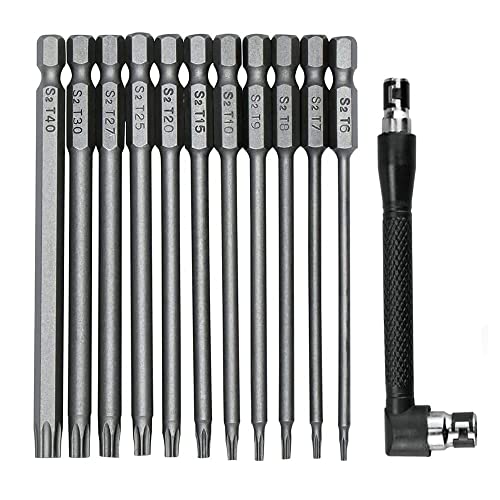 Fixinus 11 Stück Torx lang Schraubendreher Bit Set, 1/4" Magnetischer Sechskantschaft S2 Stahl 75 mm lange Bohrer, Sicherheits-Torx-Bits T6-T40, mit L-Winkelschraubendreher-Bithalter von Fixinus