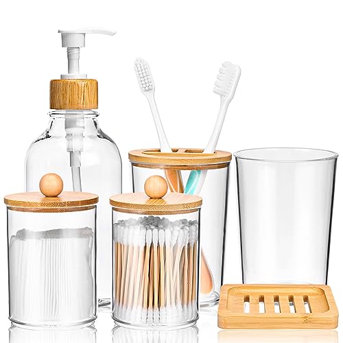 Fixwal Bambus Badezimmer Zubehör Set 6 Stück, Seifenspender, Zahnbürstenhalter, Zahnputzbecher, Seifenschale, 2 Qtip Halter Gläser, für Toilette Badezimmer Boho Decor von Fixwal