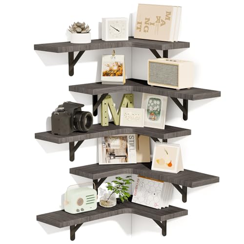 Fixwal Eckregale 5er Set, Wandmontiertes Eckregal, rustikale Holz-Wandregale für Badezimmer, Küche, Schlafzimmer, Heimdekoration, Waschküche, Wohnzimmer (verwittertes Grau), MOMOK2023927007 von Fixwal