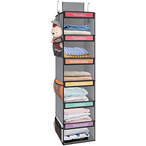 Fixwal Hängeschrank mit 6 Ablagen für Kinder mit 6 Seitentaschen, Wochentag, Kinder-Kleiderorganizer, Montag bis Freitag, faltbare Hängeregale (grau) von Fixwal