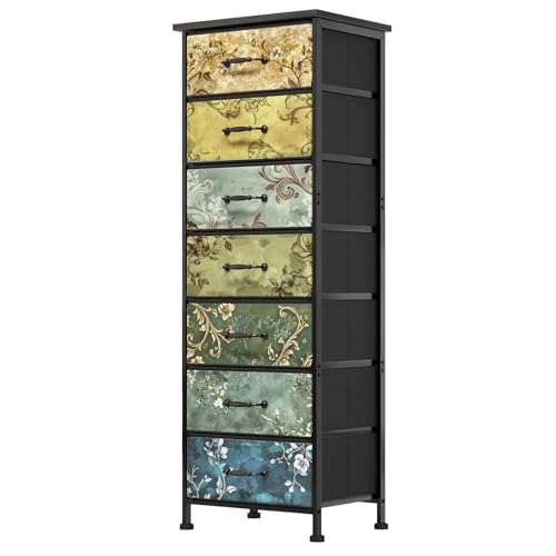 Fixwal Hohe Kommode für Schlafzimmer, Aufbewahrung, Kommode, Organizer mit 7 Stoffschubladen, Nachttischmöbel im Schrank, Eingangsbereich, Flur, Vintage-Blume Fixwal Hohe Kommode für Schlafzimmer, Aufbewahrung, Kommode, Organizer mit 7 Stoffschubladen, Nachttischmöbel im Schrank, Eingangsbereich, Flur, Vintage-Blume von Fixwal
